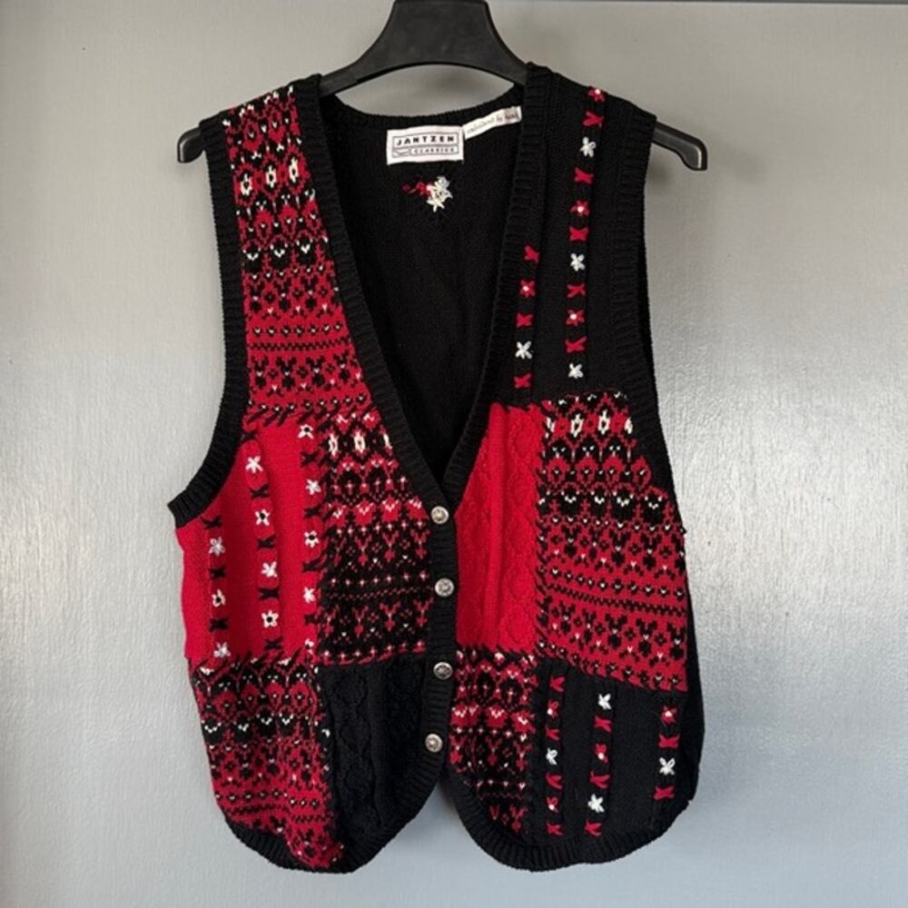 Jantzen Classics Red Black Hand Embroidered Patchwork Button Sweater Vest sz L